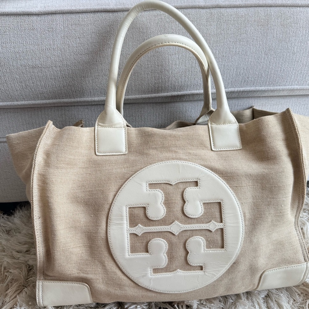 Large Tory Burch Beige Canvas Tote with Ivory Leather Trim and Logo